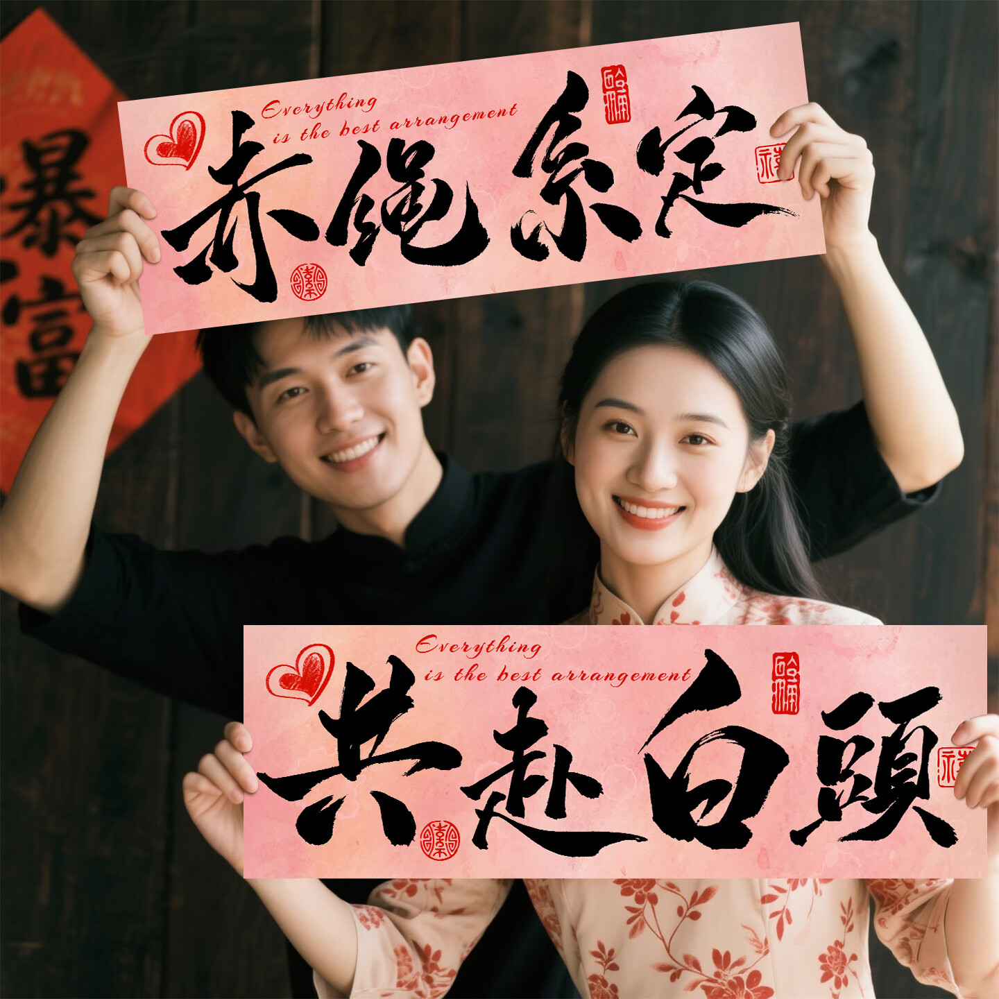 全订婚新中式手持横幅仪式感装扮布置物件氛围感拍 赤绳系定共度白头