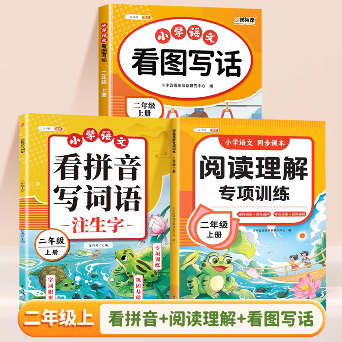 【斗半匠】看拼音写词语二年级下册上册小学生看拼音写生字词句子专项强化训练大全语文课本同步一课一练人教版部编版 【3本】看拼音+阅读理解+看图写话（上册）