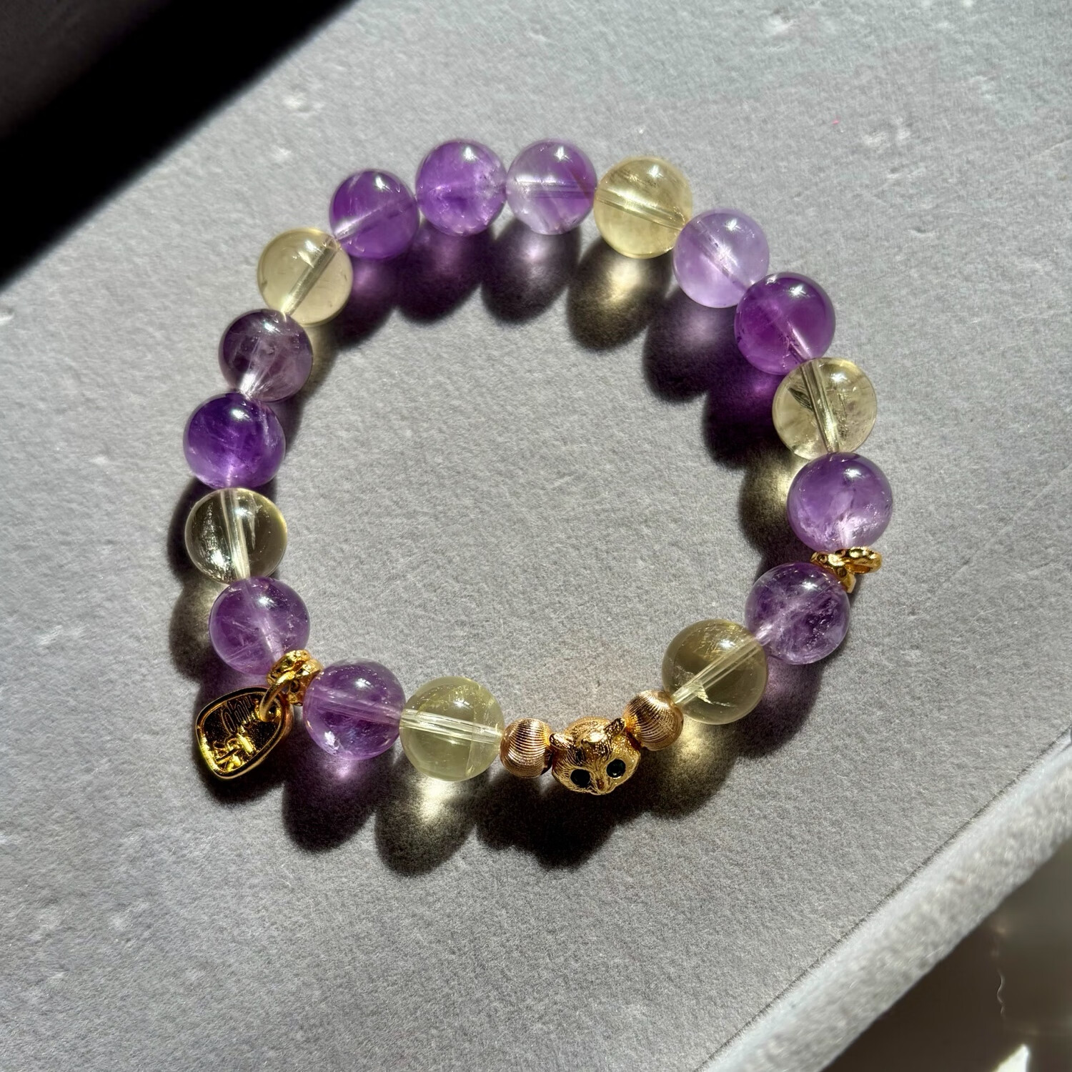 天然紫水晶黄水晶手链手串九紫离火金猫送福熊猫公主水晶 巴西紫水晶 10mm