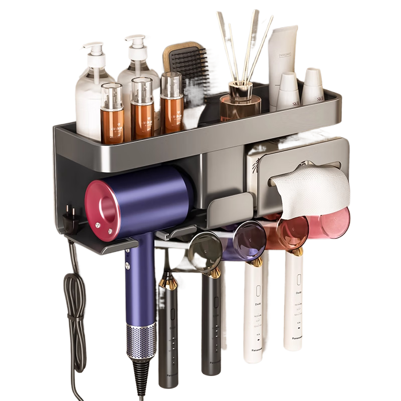 天地魚日本免打孔牙刷置物架衛(wèi)生間漱口杯刷牙杯收納壁掛式牙膏牙刷架子 槍灰豪華-牙刷架雙人帶杯置物格+