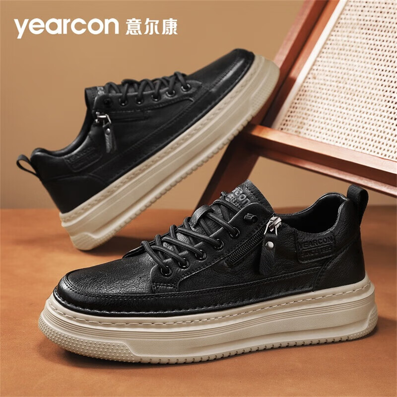 意尔康男休闲鞋秋复古一脚蹬板鞋男百搭工装商务皮鞋子男 黑色 42