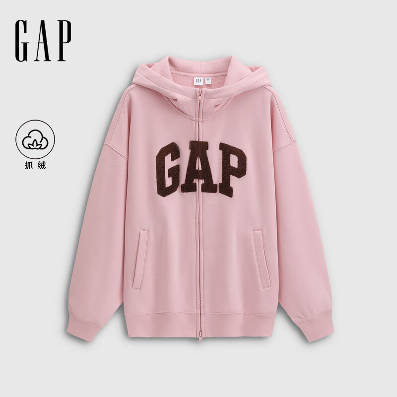 GAP女装2025秋季新款logo雪尼尔绣标宽松抓绒连帽衫卫衣792498 淡粉色 M (165/88A) 亚洲尺码
