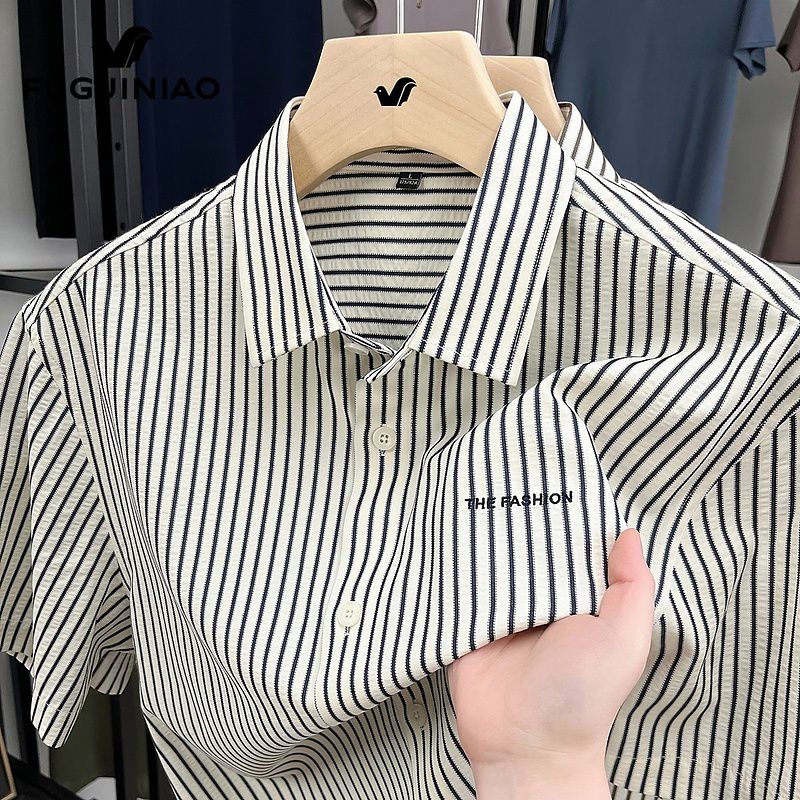 富貴鳥(FUGUINIAO)富貴鳥條紋短袖襯衫男士休閑上衣服2025年夏季新薄款商務(wù)襯衣男裝 1842藍(lán)色 48