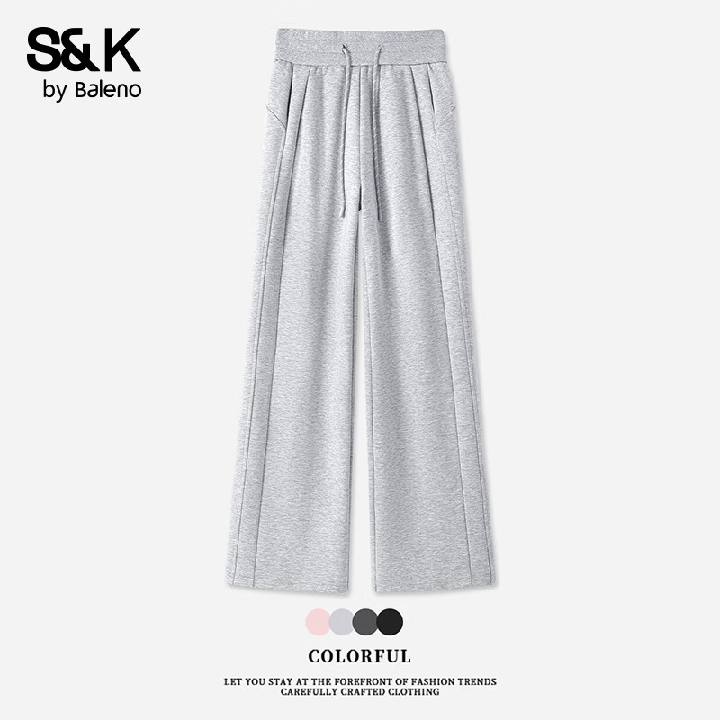 班尼路S&amp;K系列休闲裤子女装秋冬新款高腰直筒阔腿裤拼接简约设计感长裤 麻灰#纯色 XL