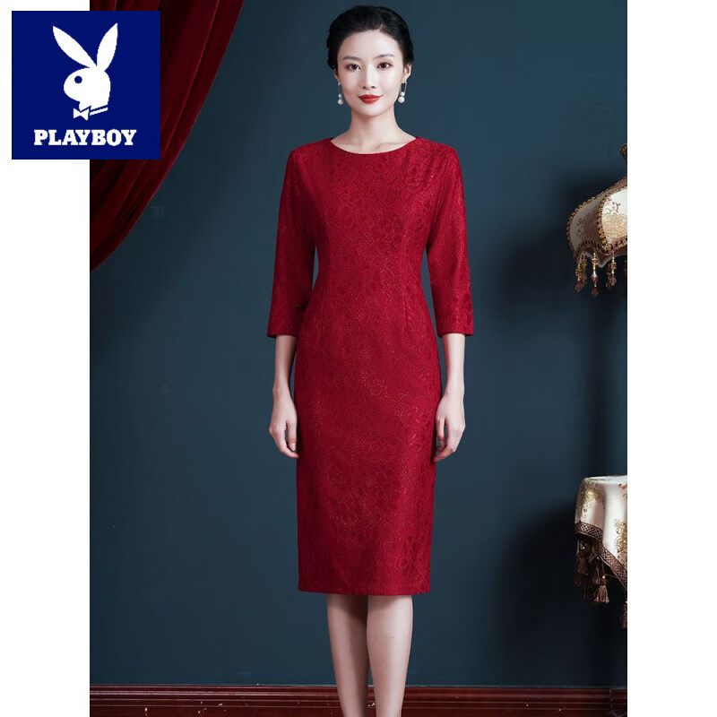 花花公子（PLAYBOY）高端旗袍妈妈装婚宴春秋新款喜婆婆婚礼服洋气披肩两件套连衣裙女 酒红色 L 5X(145斤-165斤)
