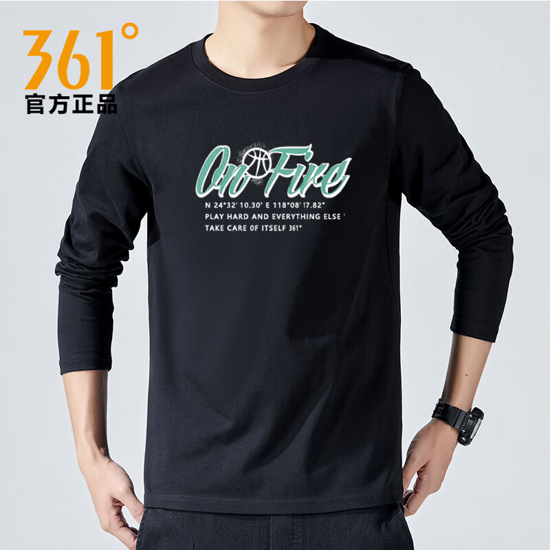 361°速干运动T恤男款2025秋季新款男士圆领修身跑步服长袖运动上衣男 超级黑 L 175/96A【建议125-145斤】