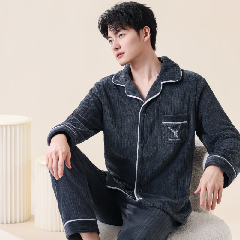 雪中飞珊瑚绒睡衣男士秋冬季加绒加厚2025新款法兰绒家居服套装大码保暖 NSCJF-灰色抽条小鹿 2XL 【宽松版型建议155-180斤】