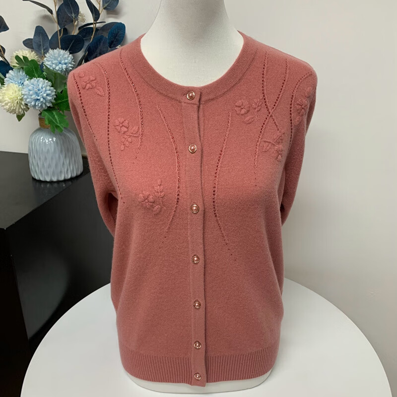 鹿王（KING DEER）羊絨衫開衫中老年女媽媽裝秋冬季毛衣外套寬松大碼針織上衣 粉紅色 XL 建議115-125斤