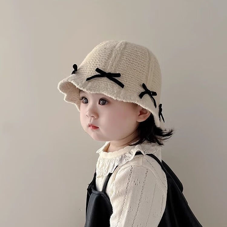 G.duck小黄鸭女童韩国甜美蝴蝶结帽子秋冬季保暖防风针织渔夫帽毛线盆帽 米色-黑色蝴蝶结款毛线渔夫帽 建议年龄18个月-3岁【48-50cm】