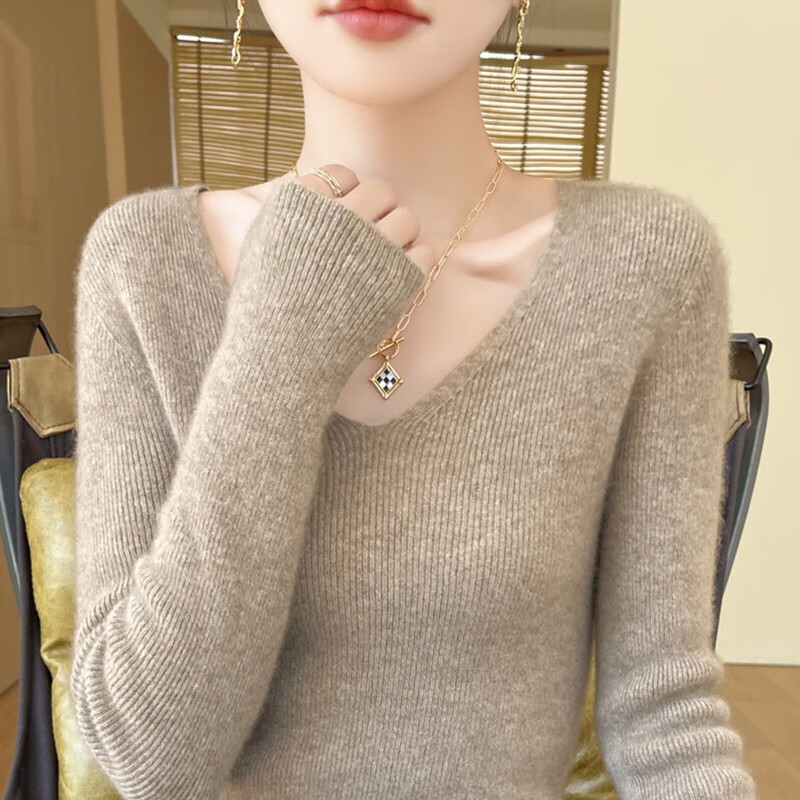 香影芬针织衫女春秋新款v领打底衫修身显瘦毛衣女秋冬时髦时尚洋气内搭 白色 M (建议95-105斤)