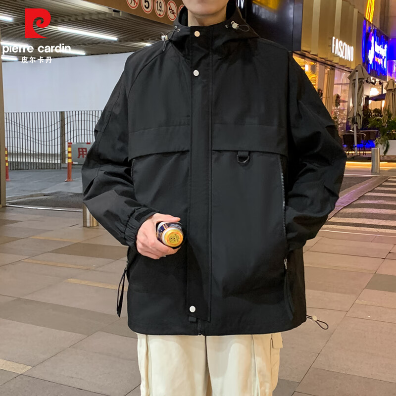 皮尔卡丹春秋季情侣连帽宽松版冲锋衣新款防风防水男士工装潮流夹克情侣款 黑色 XL 建议【体重155-170斤】