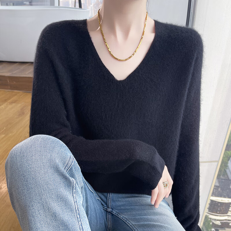香影芬一线成衣100%羊毛衫女秋冬新款内搭毛衣女加厚V领羊毛针织打底衫 紫绒驼 XL (建议115-125斤)