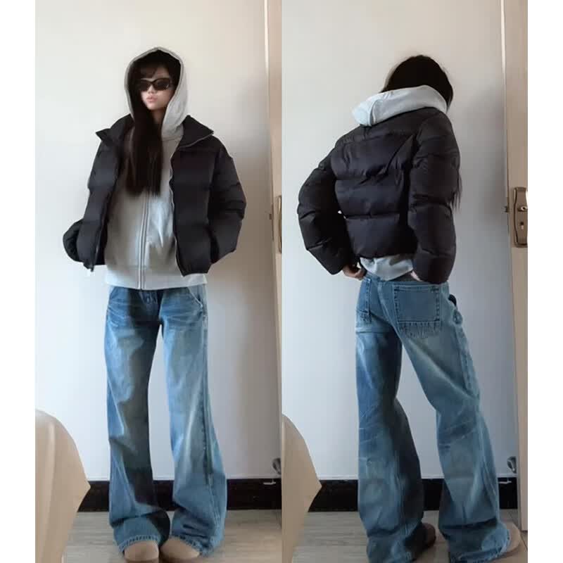 MDUG肯豆风黑色短款服女款冬季小个子2025新款立领加厚面包服外套 黑色【版】 S