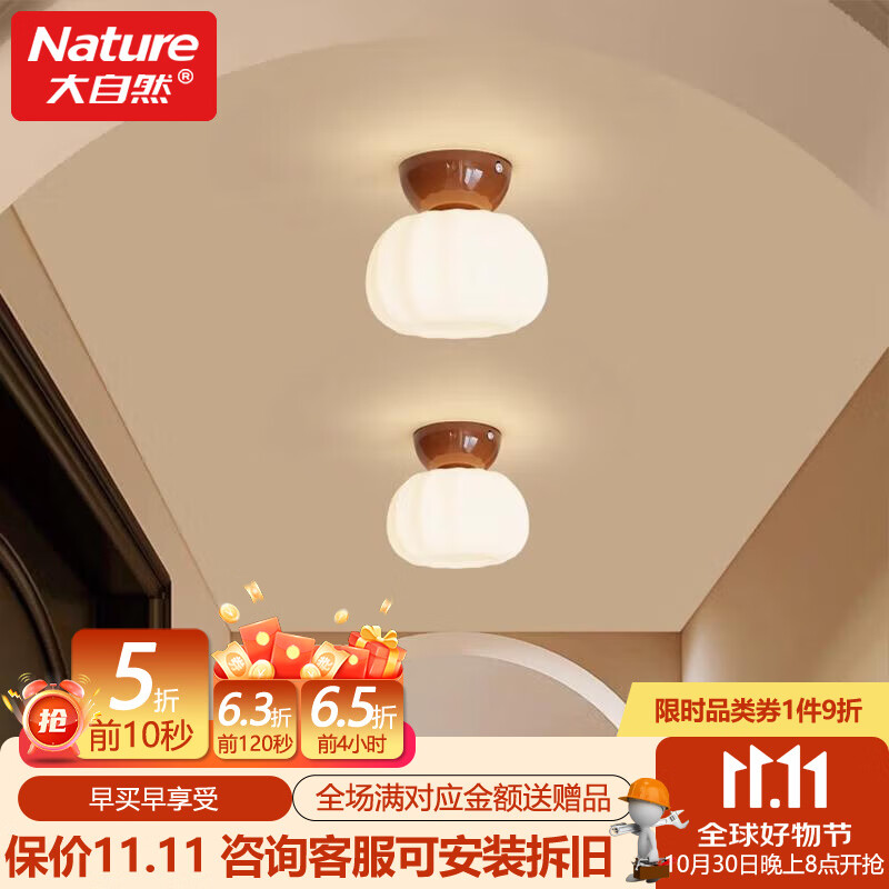 大自然照明衣帽间门厅走廊过道灯玄关入户胡桃木色阳台灯北欧南瓜灯北欧法式 （全光谱）南瓜款 三色变光