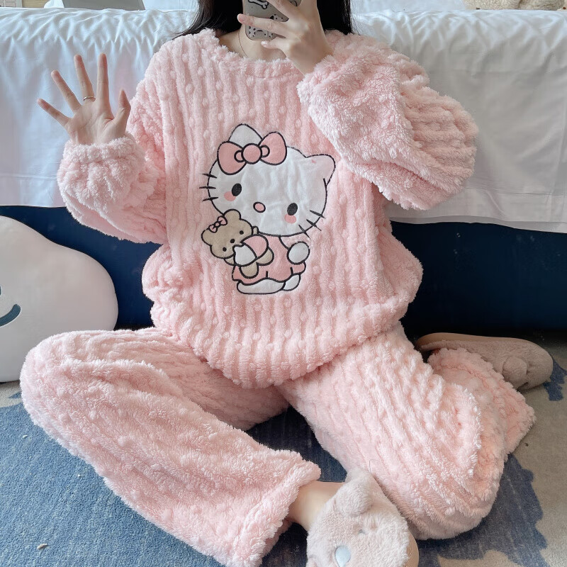 诗莉奥(SHILIAO)珊瑚绒睡衣女冬季加厚长袖套头家居服套装女装 卡通猫-粉色套装 均码 155-175/80-105CM