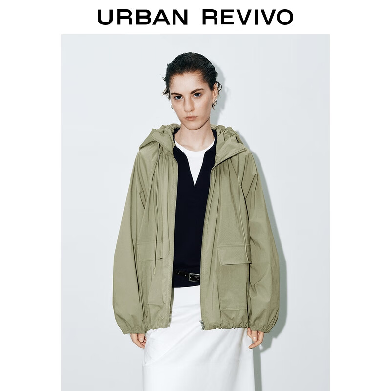 UR2026春季新款女装琥珀流光风连帽抽绳超宽松外套UWM150072 卡其绿 (偏宽松) S (XS-S)