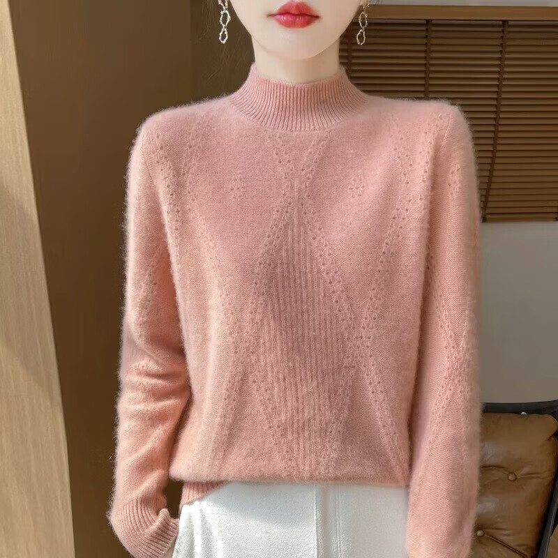 香影芬100%纯羊毛衫女一线成衣加厚半高领镂空钩花羊毛衫宽松毛衣打底衫 白色 2XL (建议125-135斤)