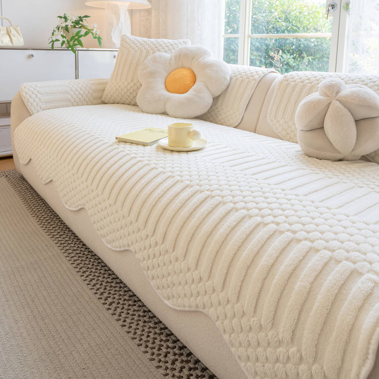 今后异形慕思舒棉绒沙发垫秋冬保暖沙发坐垫防滑轻奢高级感沙发盖布巾 异形竖点-白色 90cm*240cm