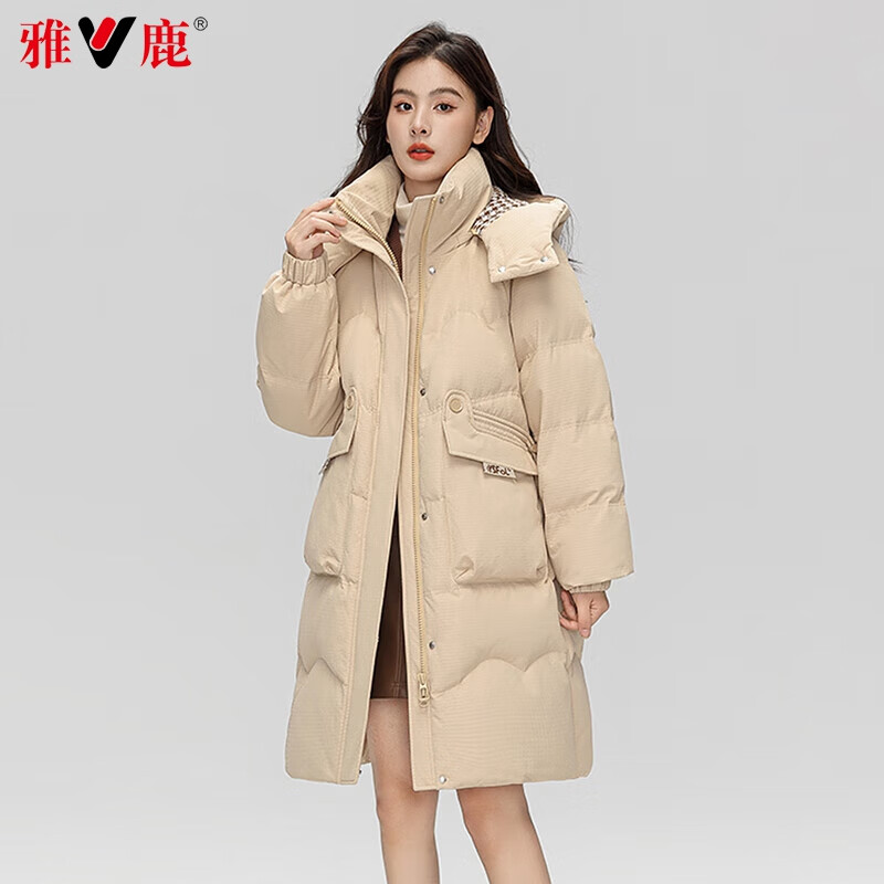 雅鹿官方羽绒服女中长款可拆卸连帽2025冬季新款时尚保暖加厚女士外套 0467T黑色 L 165