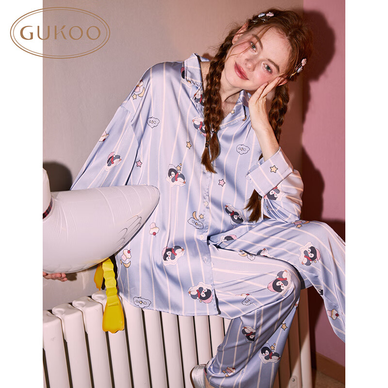 果壳（Gukoo）情侣睡衣春秋款卡通满印翻领男女士情侣家居服内衣套装睡衣女A 女士-小企鹅满印套装 冰丝 M
