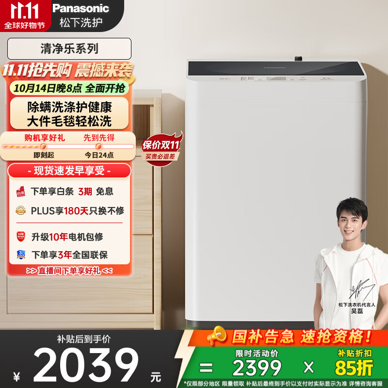 松下（Panasonic）【吴磊推荐】波轮洗衣机全自动10公斤大容量 智能除螨桶自洁内衣洗衣机 家电国家补贴XQB100