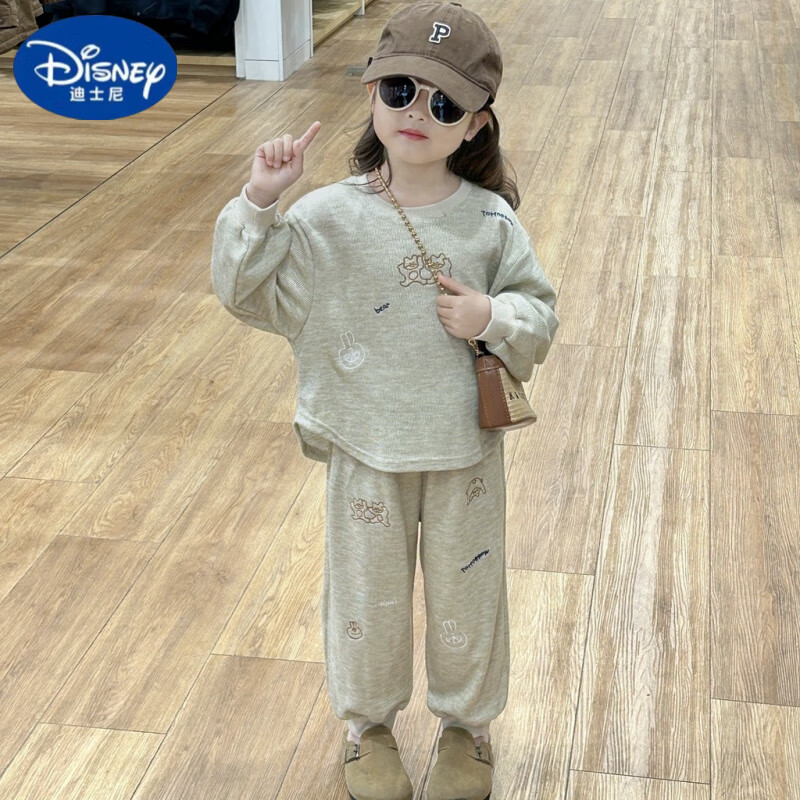 迪士尼（Disney）女童秋裝套裝2025新款韓版洋氣運(yùn)動衛(wèi)衣兩件套時尚中小童秋季衣服 灰色兩件套 110