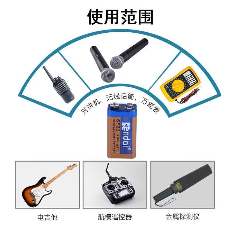 KENDAL力王9V电池 6F22叠层方型 话筒麦克风万用表烟感报警器额温枪玩具车遥控器碳性网络测试仪九伏电池 【6F22/9V】2个