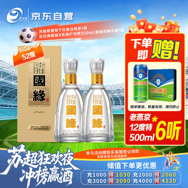 今世缘 国缘淡雅 浓香型白酒 52度 500ml*2瓶 双瓶装 送礼宴请