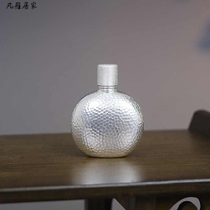 mppmck便携酒壶纯银锤纹酒壶 纯银999随身小酒壶手工密封户外便携洋酒