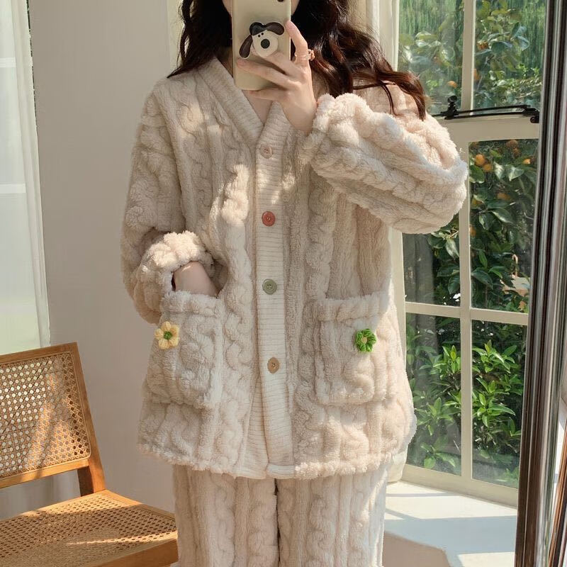 诗莉奥(SHILIAO)冬季加厚珊瑚绒毛毛睡衣女可外穿开衫两件套装纯 绿色小花 均码
