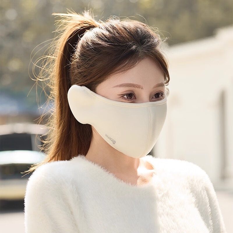 AILUKI骑行保暖面罩女冬季耳罩防风防寒加绒厚防冻脸基尼电动车护耳口罩 米色【主图款】