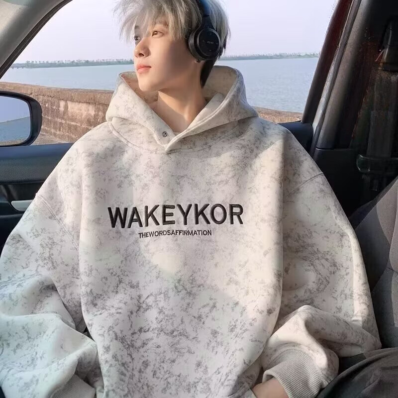 POUM美式高街卫衣男士秋冬潮牌休闲加绒男装上衣2025新款情侣帽衫外套 JCF-H975杏色 加绒 M