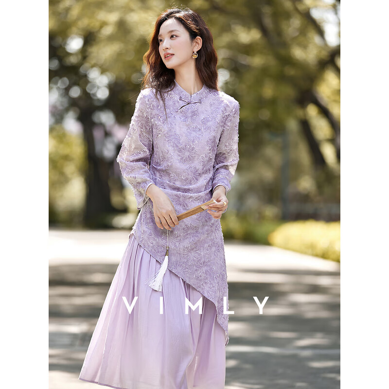 梵希蔓（vimly）新中式国风重工绣花连衣裙女春季新款长袖改良旗袍 紫色 L