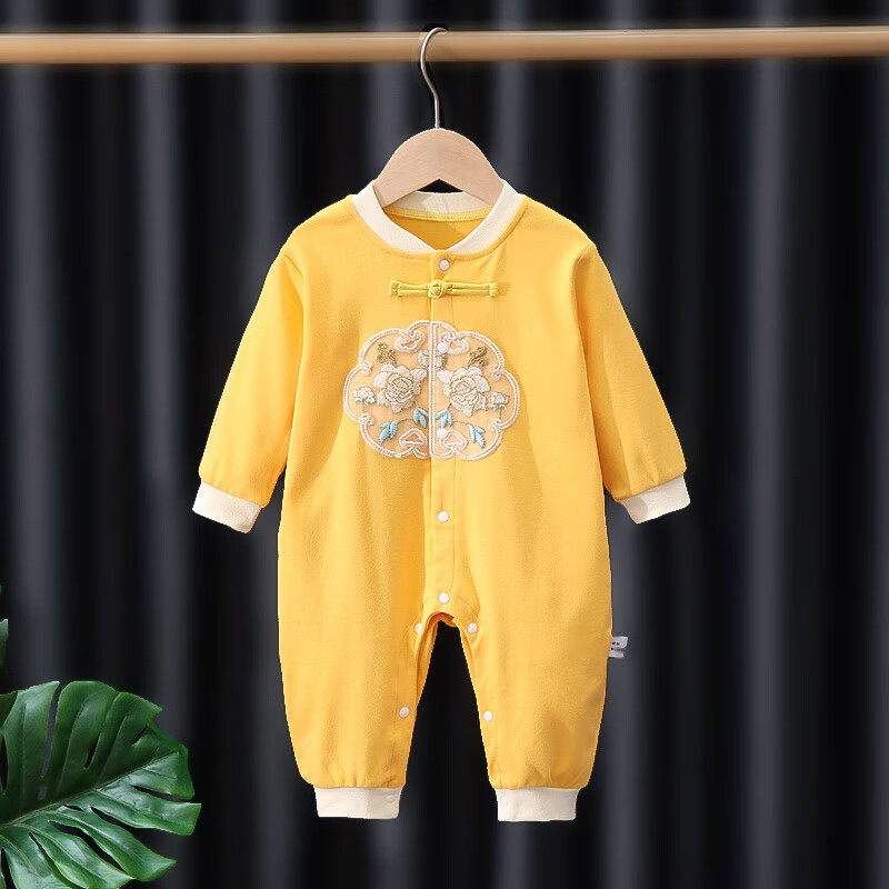 G.duck小黄鸭婴儿衣服纯棉秋季国风外出服新中式满月宝宝黄马褂哈衣爬服 国风升级套装(米连体+黄马甲) 80cm 80码建议17-20斤