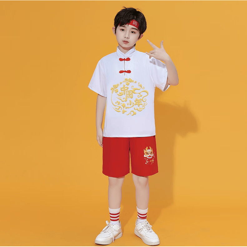 兰伶坊小学生啦啦队拉拉操运动会表演服装儿童爱国演出服幼儿园舞蹈班服 【中国少年】白色短袖+红色短裤+ 110 cm