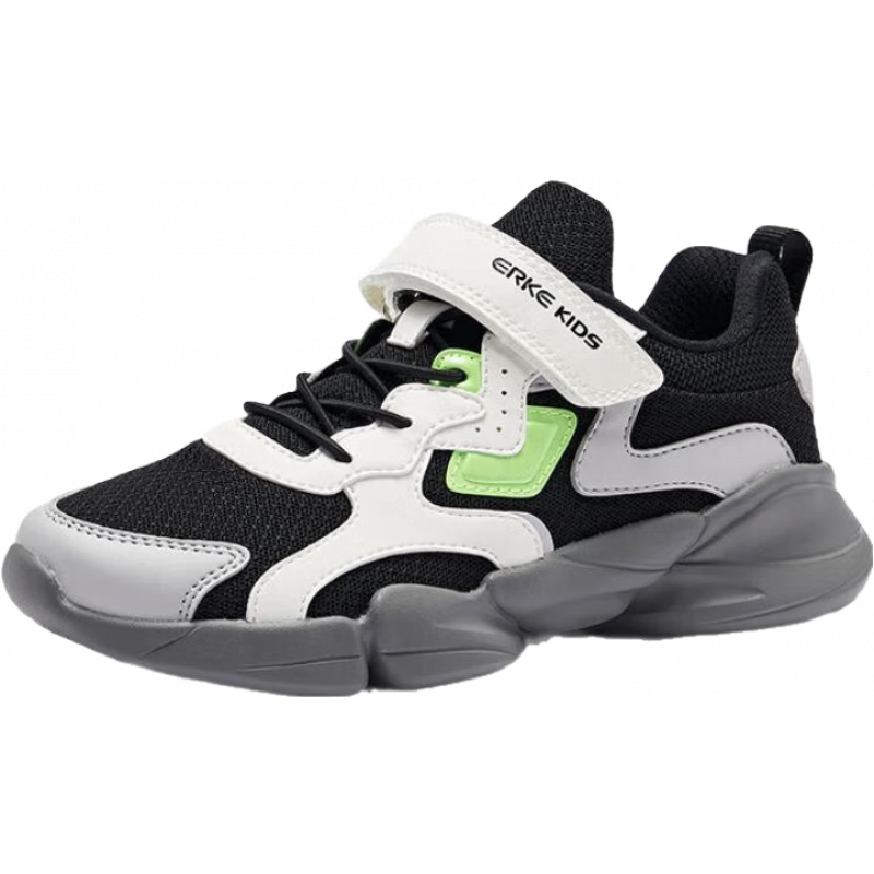 鸿星尔克儿童运动鞋男女童25年春夏网面透气魔术贴软底休闲跑步鞋/小贝 【男密网】正黑/微晶白/云雾灰 -偏小1码 35