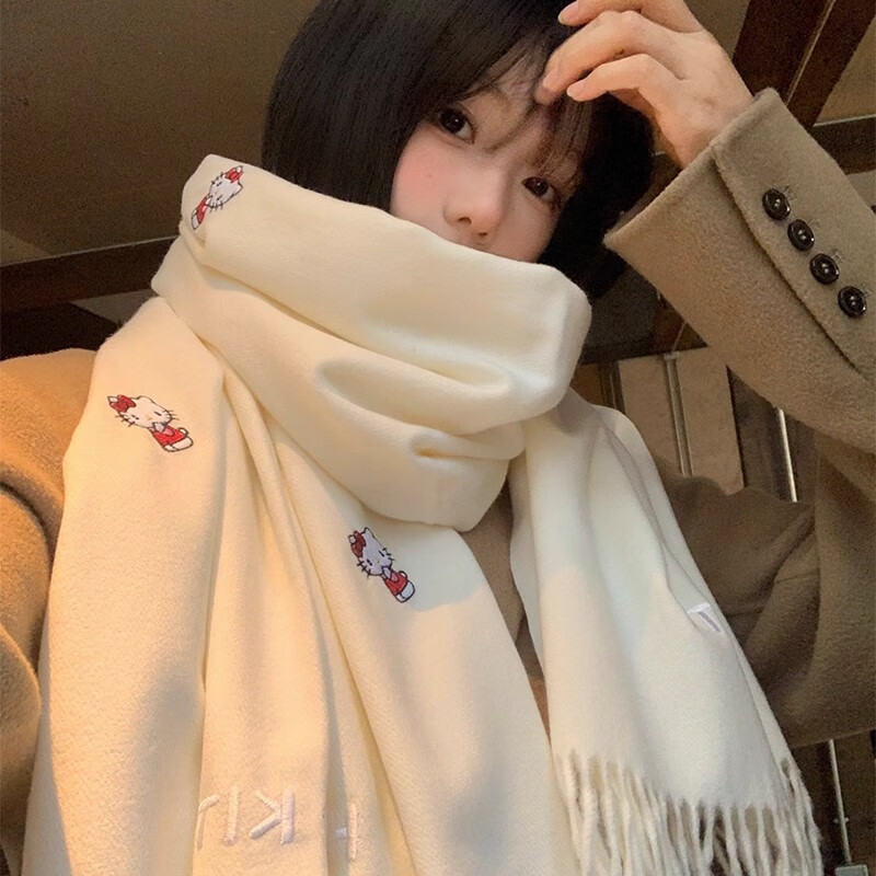 女王饰界正版授权Hellokitty刺绣仿羊绒围巾女冬季保暖护颈学生围脖 Hellokitty刺绣凯蒂猫-米白色