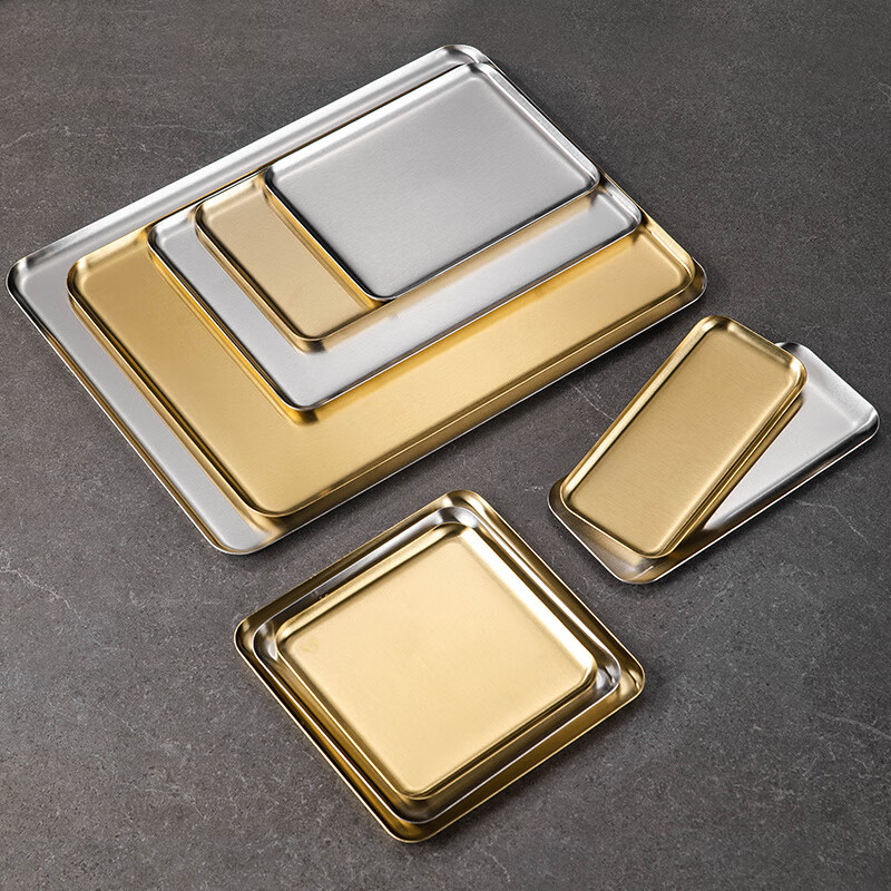 方形盘韩式304不锈钢长方形咖啡厅托盘直边金色烧烤盘 加厚直边盘【20*15本色】