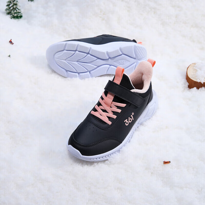 361°儿童运动鞋男童跑鞋秋冬棉鞋轻便魔术贴女童皮革加绒保暖跑步鞋 【皮革加绒】碳黑/日落粉色 35