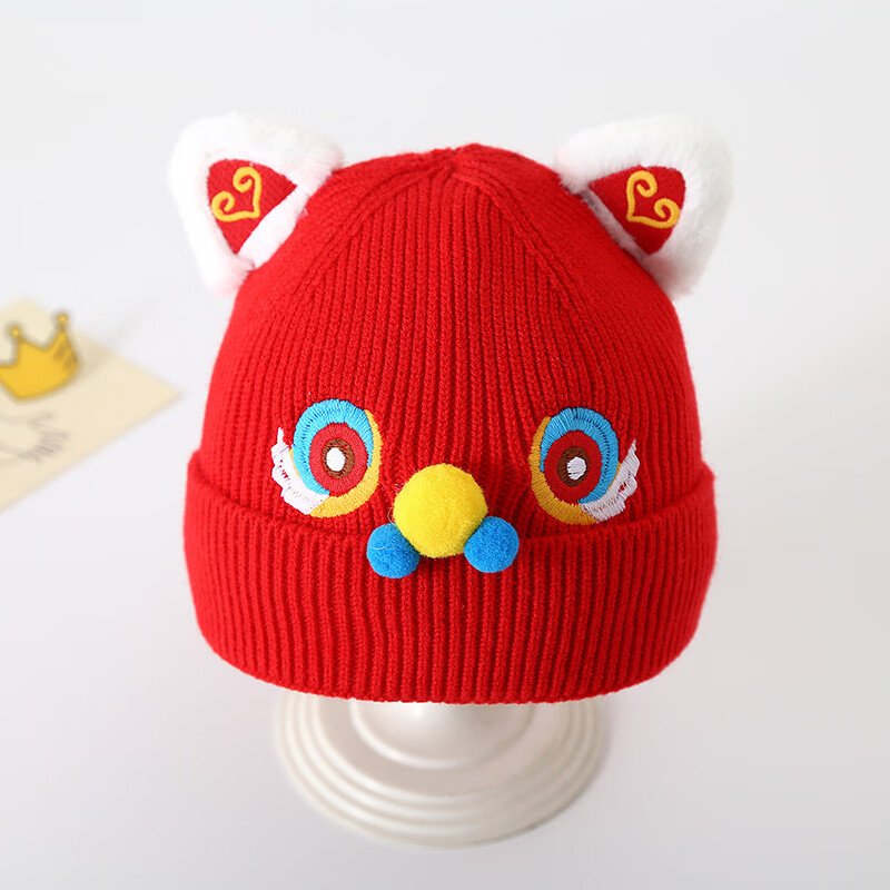 憶愛嬰兒帽子秋冬季新生兒過年紅色喜慶毛線帽保暖寶寶針織帽周歲帽 龍寶寶(小老虎周歲針織帽) 有彈性 適合0-12個月寶寶