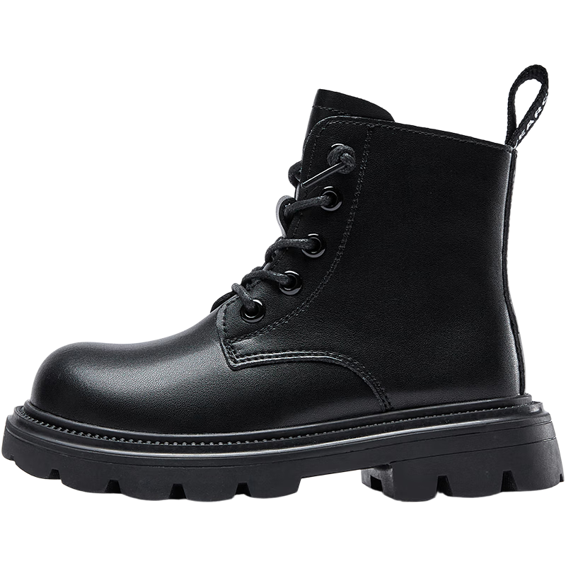 意爾康童鞋兒童靴子男童馬丁靴女童短靴增高厚底工裝靴皮靴黑色2 35