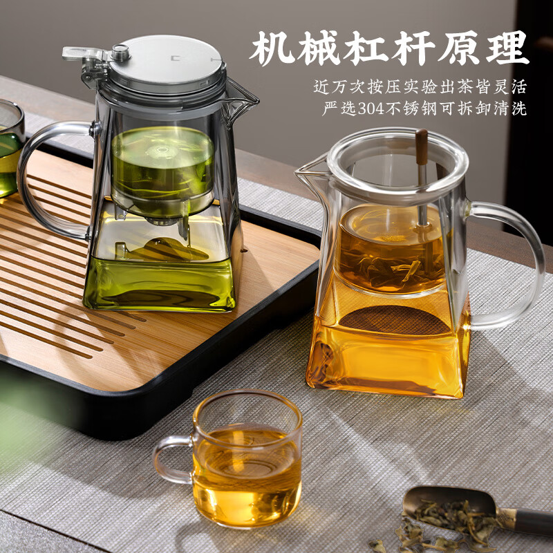 胖东来同款茶壶泡茶家用2025新款茶具套组专用单壶茶水分离泡茶杯 透明四方滤茶壶1000m.l+6品茗杯 701mL(含)-800mL(含)