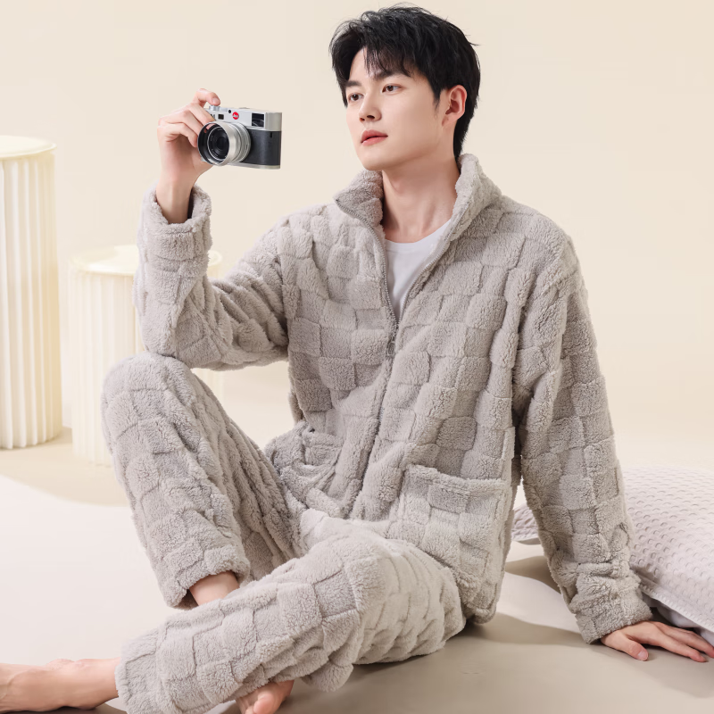 雪中飞睡衣冬季男2025年新款拉链加绒加厚珊瑚绒可外穿大码家居服套装 NSCJF-淡灰方格拉链 XL 【建议130-150斤】