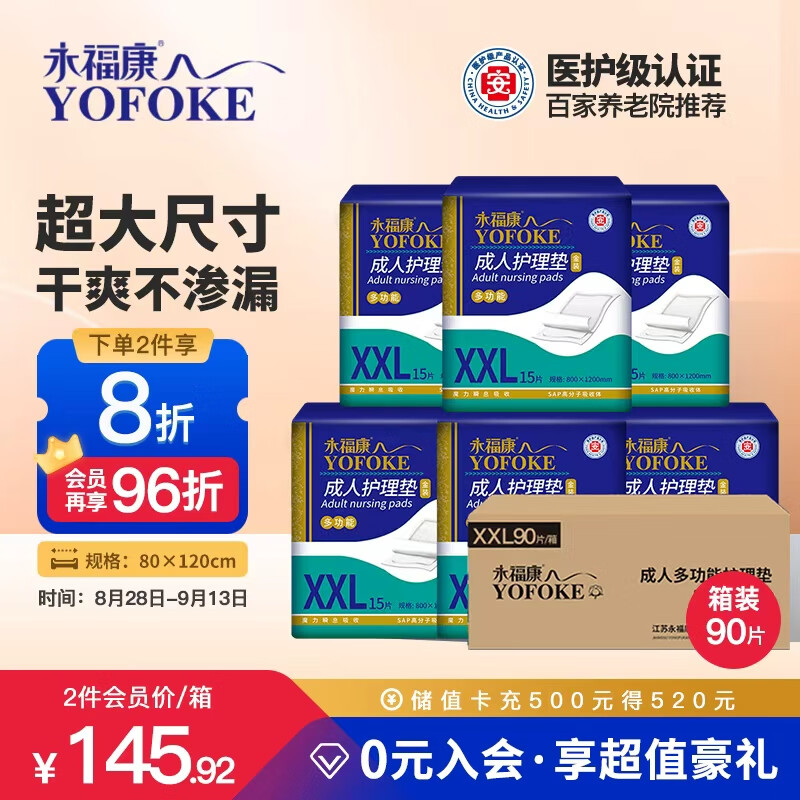 永福康成人护理垫XXL90片 尺寸80*120cm婴儿孕产妇床垫老人一次性隔尿垫