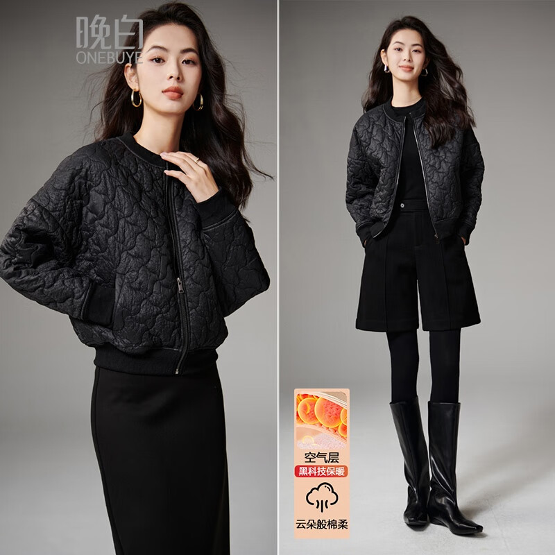 晚白【断码清仓】冬款经典百搭上衣利落时尚保暖夹克外套女 黑色 S