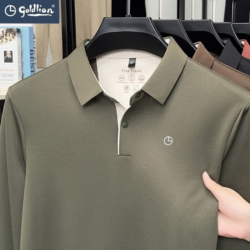 金利来秋季男士长袖T恤2025新款商务休闲翻领纯色POLO衫上衣 草绿 4XL 推荐190-210斤 京东折扣/优惠券