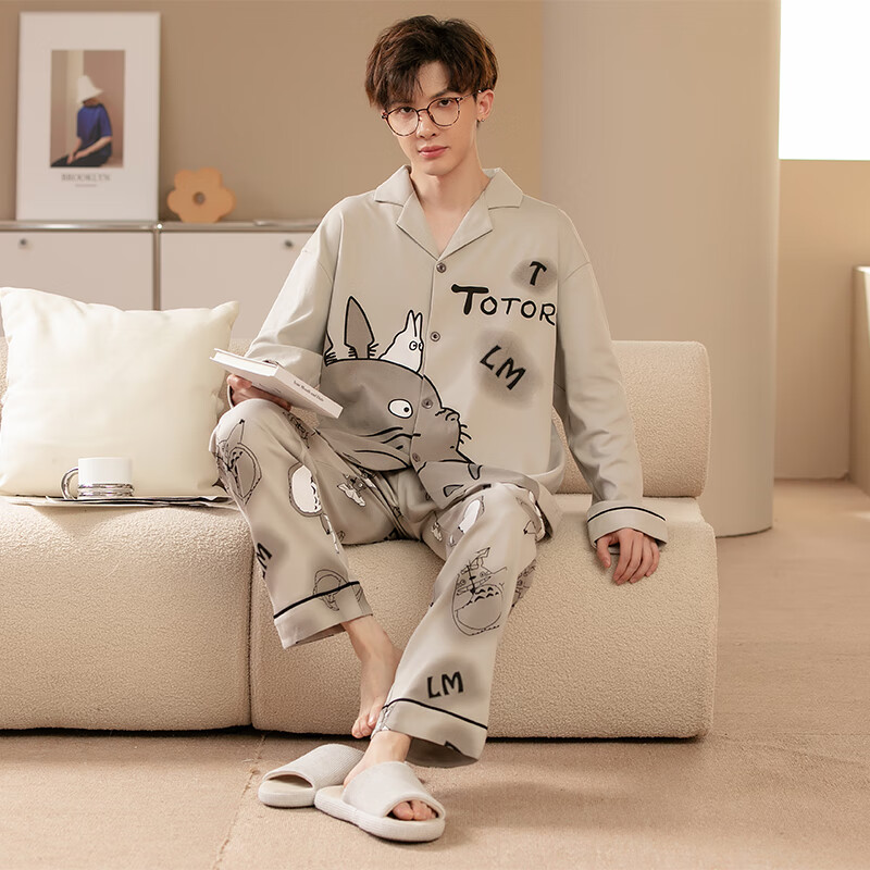 萧淑妃春秋季纯棉开衫男士睡衣可外穿卡通青少年学生大码长袖家居服套装 龙猫 XL