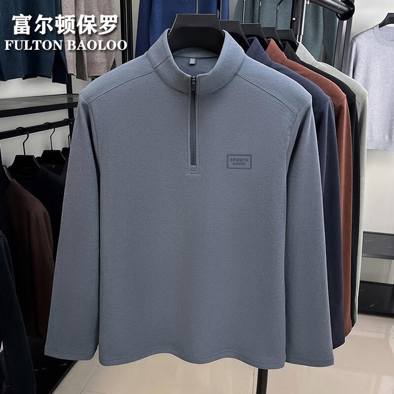 FULTON BAOLOO 富尔顿保罗德绒长袖t恤男2025秋季新款半高领打底衫宽松休闲半拉链保暖上衣 灰色 L (建议120到140斤穿)