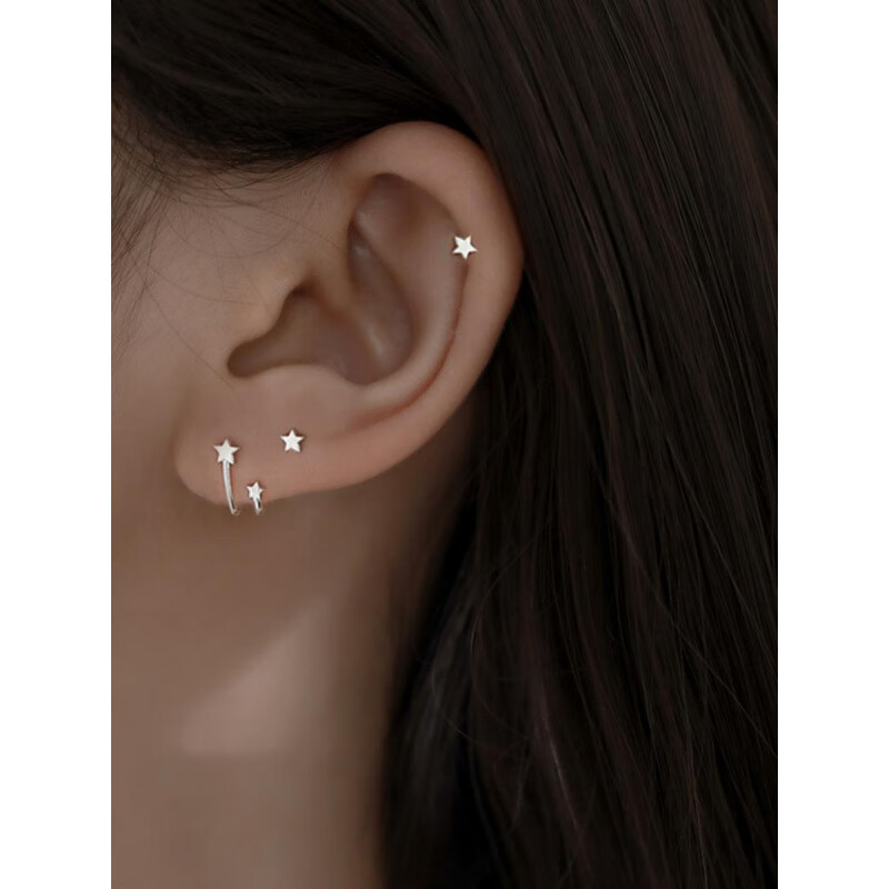 风色幻想双耳洞耳钉一体式两个耳洞的连体耳环丸子头酷飒U型星星耳钉五角 小星一对+高低星一对