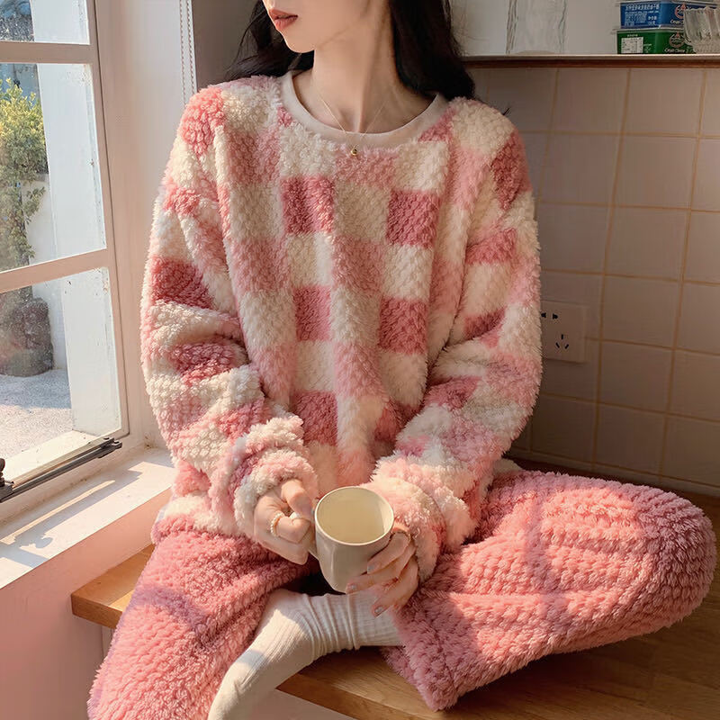 有只绵玫瑰绒睡衣女秋冬季加绒加厚格子睡衣园领可外穿法兰绒居家服 粉格子 套装 均码 80-150